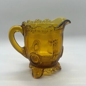 Antique 1898 DEWEY Indiana Tumbler & Goblet Co Amber Flower Flange 7oz Creamer